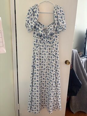 Blue Floral Puff-Sleeve Midi Dress